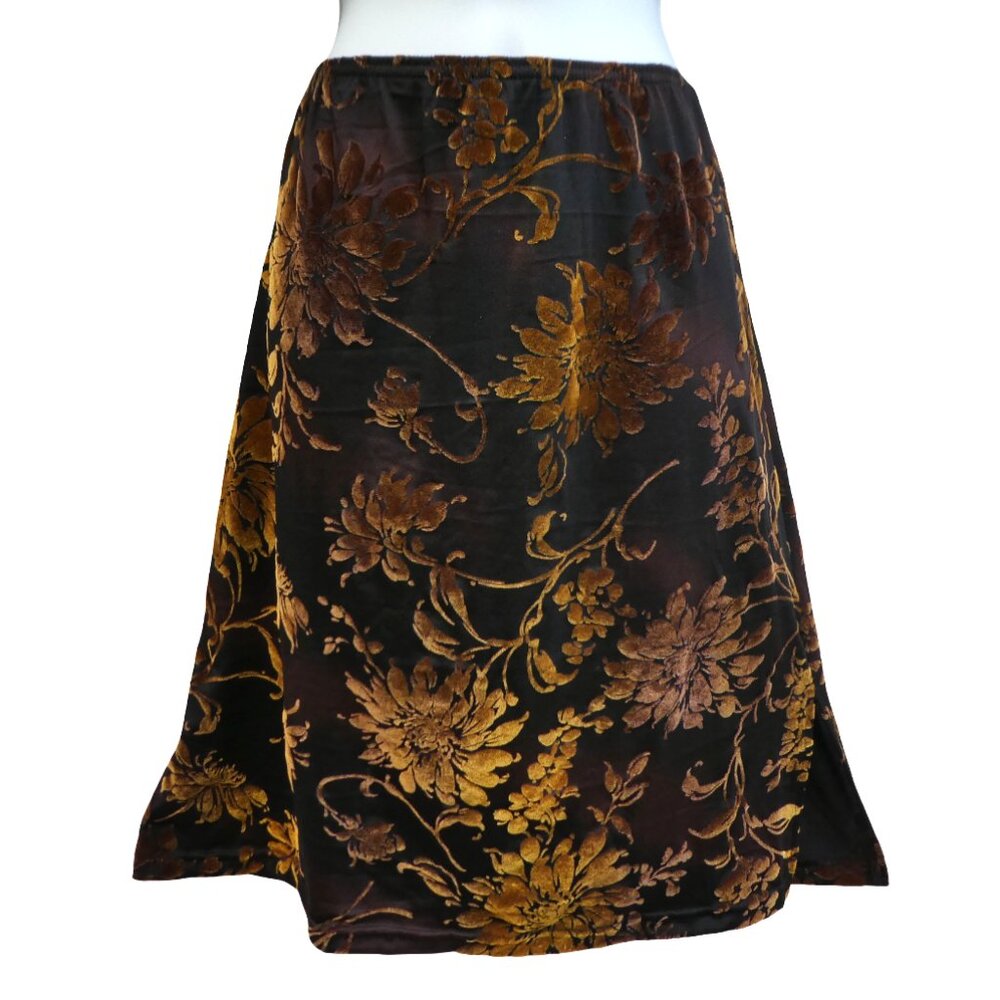 Vintage Western Connection Floral Burnout Velvet Brown Skirt Slit Stretchy M